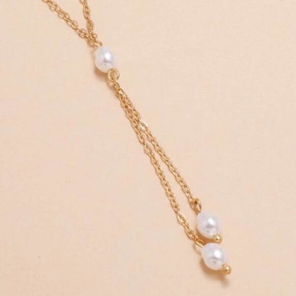2/$24 NEW Boho Festival Gold Layered Pearl Dangle Chain Necklace Dainty 113 - Picture 5 of 7